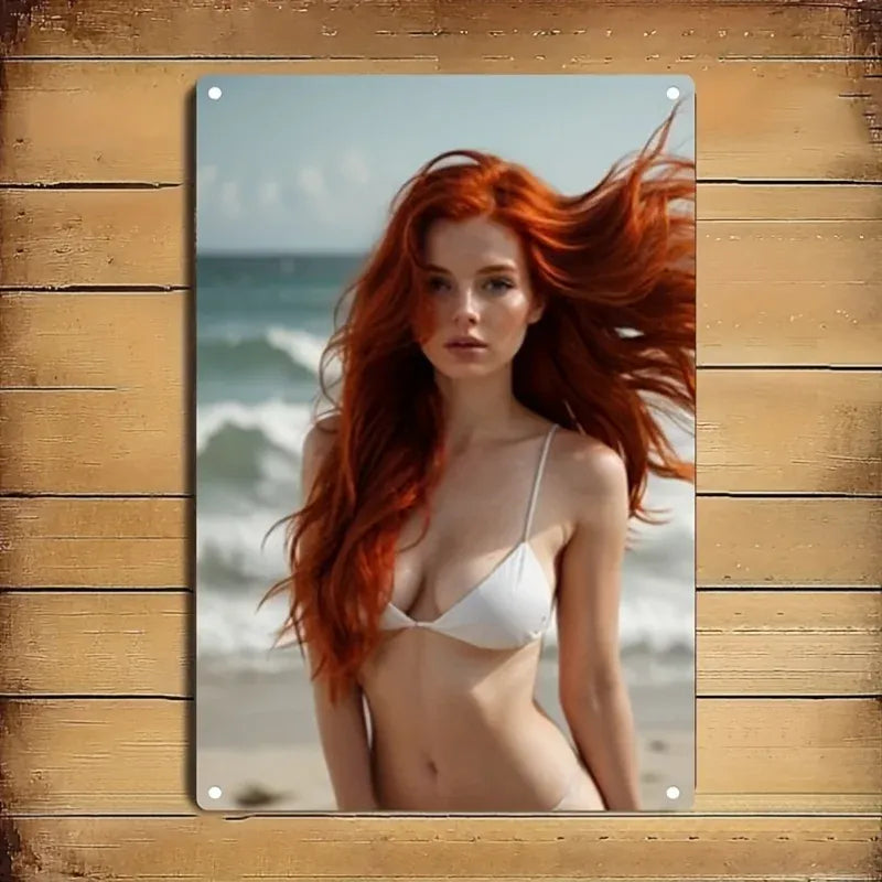 Metal Wall Art Sign - Beach Bikini Lady Poster in Elegant Iron Frame, 2D Home Decor for Living Room, Bar, Cafe, Bedroom - Durabl